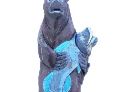 Wooden brown bear with fish 3D model