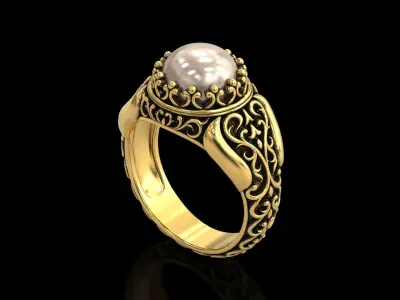 Antique Floral Carving Signet Pearl Ring v3 3D print model