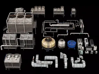 Industrial Rooftop HVAC Cooling Tower And Pipe Collection 3D model