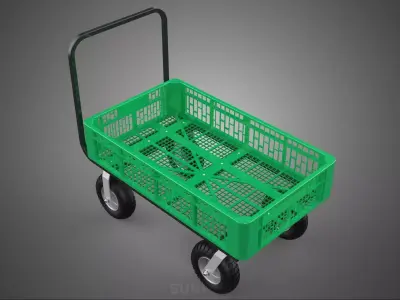 GREEN STEEL PUSH CRATE WAGON PLASTIC MESH DECK BED CART TROLLEY 3D model