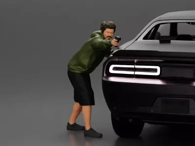 gangster man in a hoodie shorts shooting a gun behind the car 3D print model