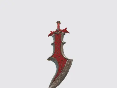 A red fantasy sword with a sharp blade and ornate hilt 3D model