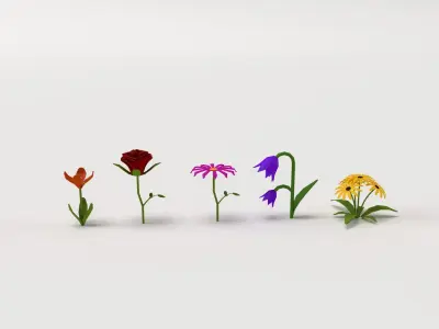 Low poly Trees Flowers Grass Rocks Clouds and Mountains 3D model