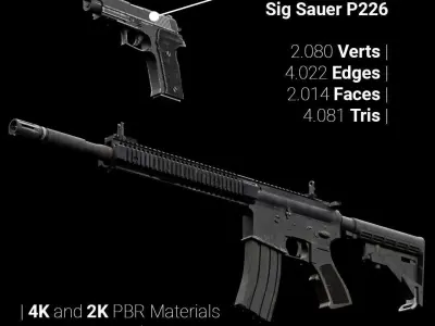 Game-ready 3D M4A1-MK18 and Sig Sauer P226 Low-poly 3D model