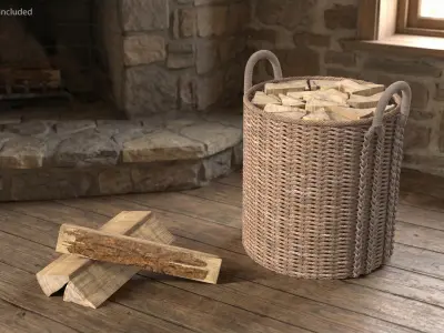 Rattan Log Carrier with Firewood Brown 3D model
