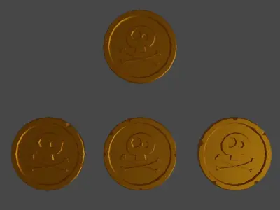 Golden Coins Set with Pirate Sign as Skull and Bones Low-poly 3D model
