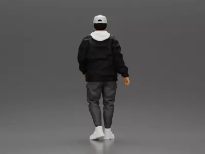 urban man walking in black jacket white hoodie cap and sneakers 3D print model