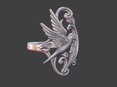 art nouveau floral bird ring nature inspired 3D print model