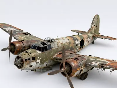 Realistic Wrecked Vintage Twin-Engine Bomber 3D Model Low-poly 3D model