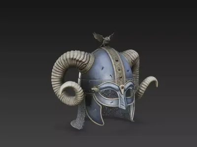 Ancient Norse Raven  Ram Horned Fantasy Helmet  Game Ready PBR 3D model