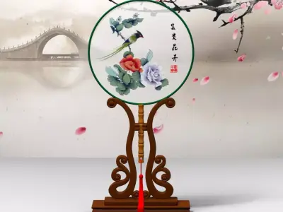 Chinese Traditional Palace Hand Fan With Stand - Flower and Bird Low-poly 3D model