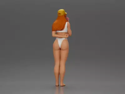 girl in white holding phone on the beach and wearing cap 3D print model