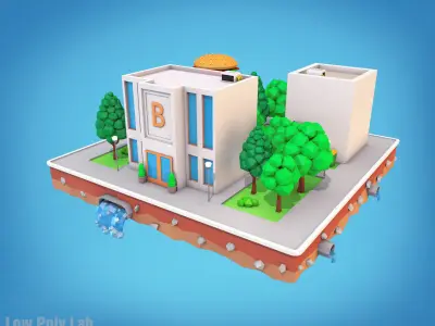 Cartoon City Block Burger Cafe Bank Low-poly 3D model