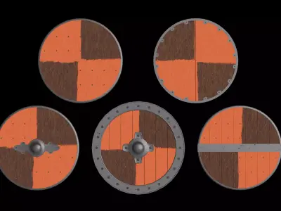 Set of 5 medieval rounded shields - procedural material Low-poly 3D model