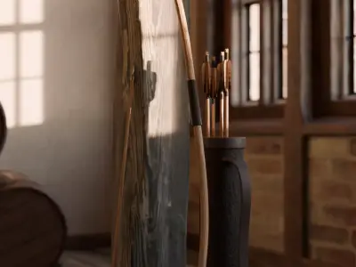 Long Bow with Arrows and Quiver  Low-poly 3D model