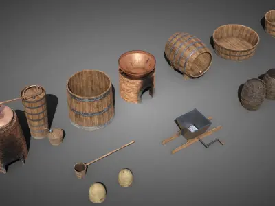 Medieval brewery props Low-poly 3D model