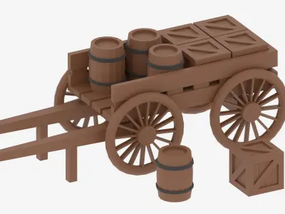 Lowpoly Wooden Cart with Barrel and Crate Low-poly 3D model