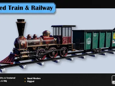 Rigged Train and Procedural Railway Low-poly 3D model