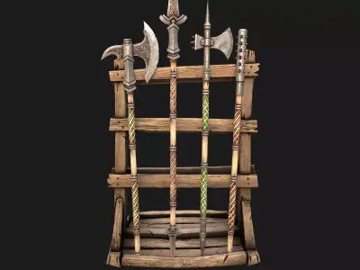 Medieval Weapon Rack Polearm Spear Axe Halberd Mace Set  Low-poly 3D model