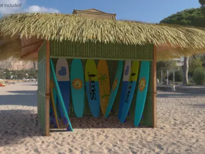 Bamboo Surfboard Storage Hut with Thatched Roof 3D model
