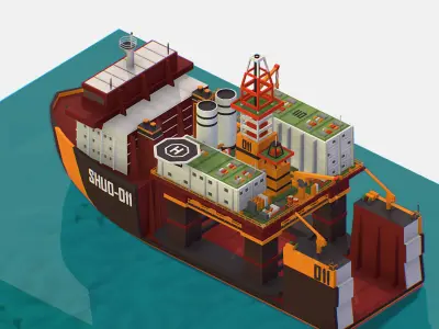 Heavy Lift Vessel with Big Oil Rig Low-poly 3D model