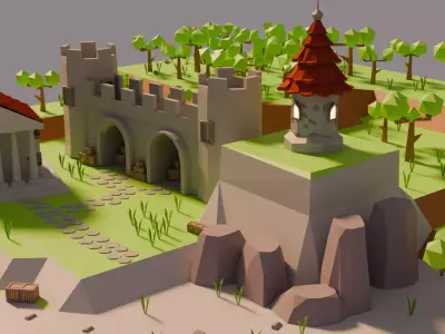 Stylized Low Poly Medieval Island Scene Free low-poly 3D model