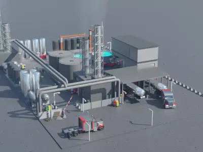 Industial Plant with Detailed Equipment and Vehicles Low-poly 3D model