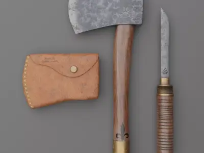 Axe Game Ready Model With Pouch and Hidden Knife  Low-poly 3D model