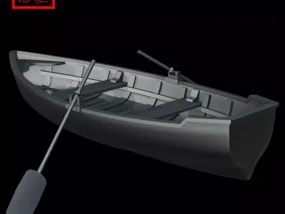 Wooden boat with oars 3D model