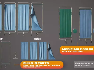 Modular Hospital Bed Screen- PBR Game Ready - LOW POLY Low-poly 3D model