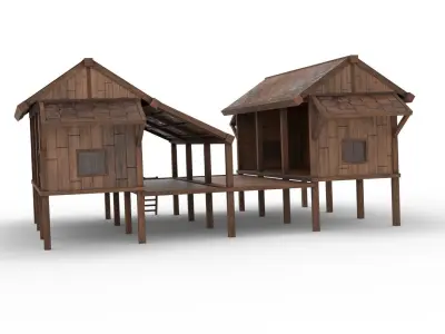 Thai wooden house Low-poly 3D model