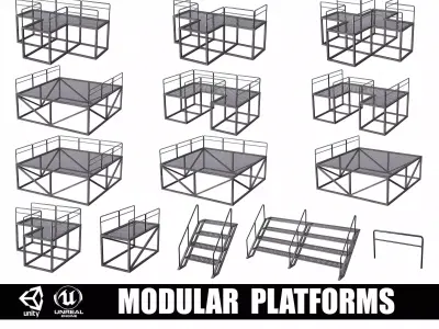 Set of 13 Modular Military Platforms Low-poly 3D model