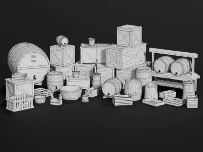 LowPoly PBR 35 Wooden Crate Barrel props Pack 3D Models Low-poly 3D model
