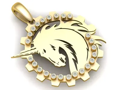 Primary Titll  Industrial Magic  Gold Unicorn Gear Pendant 3D print model