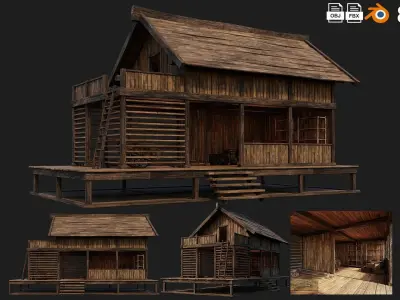 4 Old Wooden Shed Building Pack 4K Textures GameReady 77 to 80 Low-poly 3D model