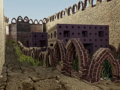 Castle old stone gate in middle of grassy area Low-poly 3D model