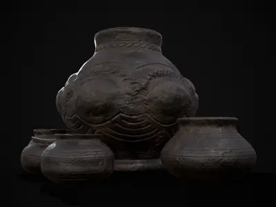 Sculpted Five Pottery Set Low-poly 3D model