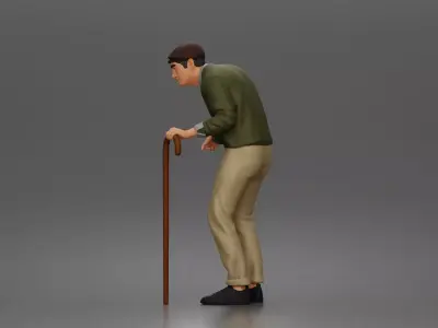 Elderly man walks using cane wearing sweater collared shirt 3D print model
