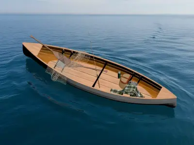 Wooden Fishing Rowboat with Gear and Picnic Set 3D model  3D model