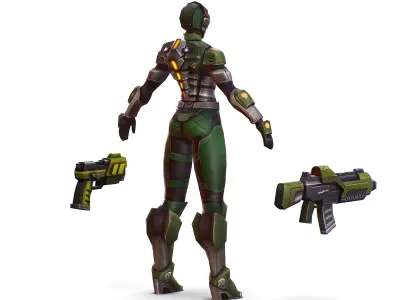 Sci-FI Woman Cyborg Soldier with Rifle and Pistol  Low-poly 3D model