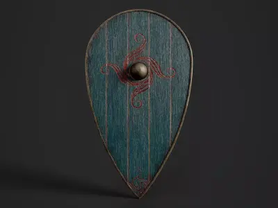 Slavic kite wooden shield-painted blue with spiral symbol Low-poly 3D model