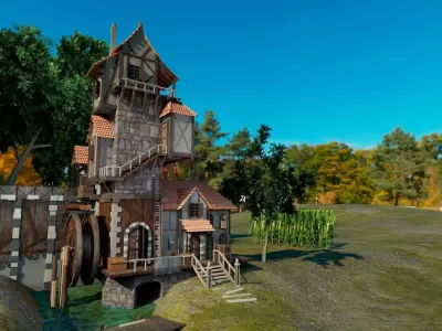Medieval Watermill House 3D Exterior Model  Low-poly 3D model