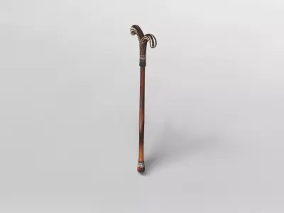 Elegant Wooden Walking Cane with Ornate Handle 3D model
