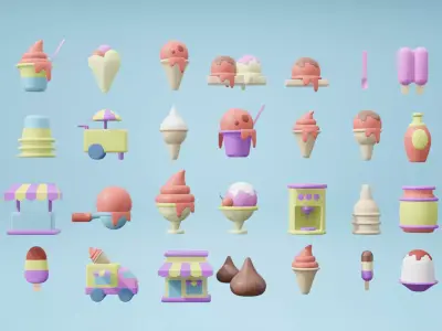 3d icons of many desserts object  in cartoon style 3D model
