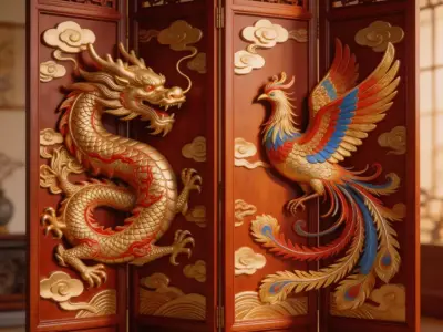 Antique Style Screen Dragon and Phoenix Bringing Prosperity 1 3D model