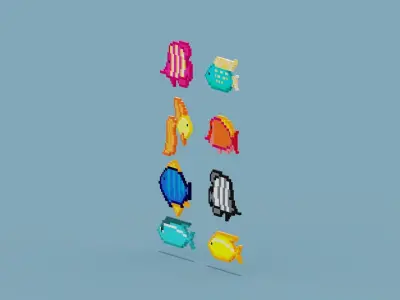 Pixel Fish Collection Low-poly 3D model