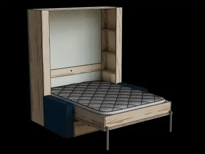 Maple Wood Blue Fabric Sofa Bed Opened 3D model