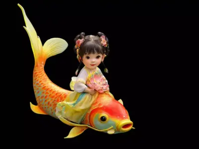 Chinese Girl with Fish Doll  Low-poly 3D model