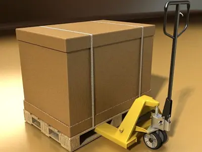 Pallet Jack with Cartons and Metal Drums 3D model