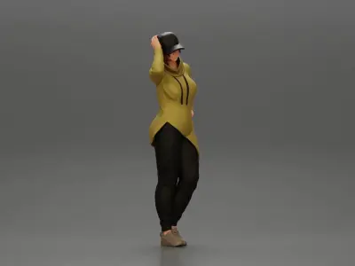 Asian girl in a neck hoodie and cap is standing and thinking 3D print model